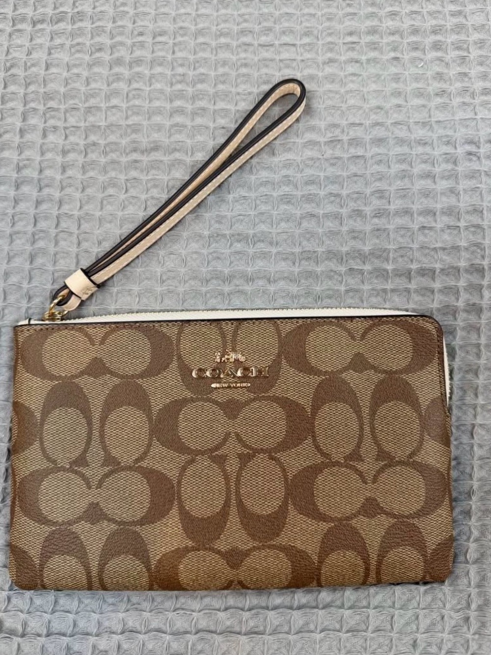 Coach Brown Signature Canvas Wristlet with Tan Trim